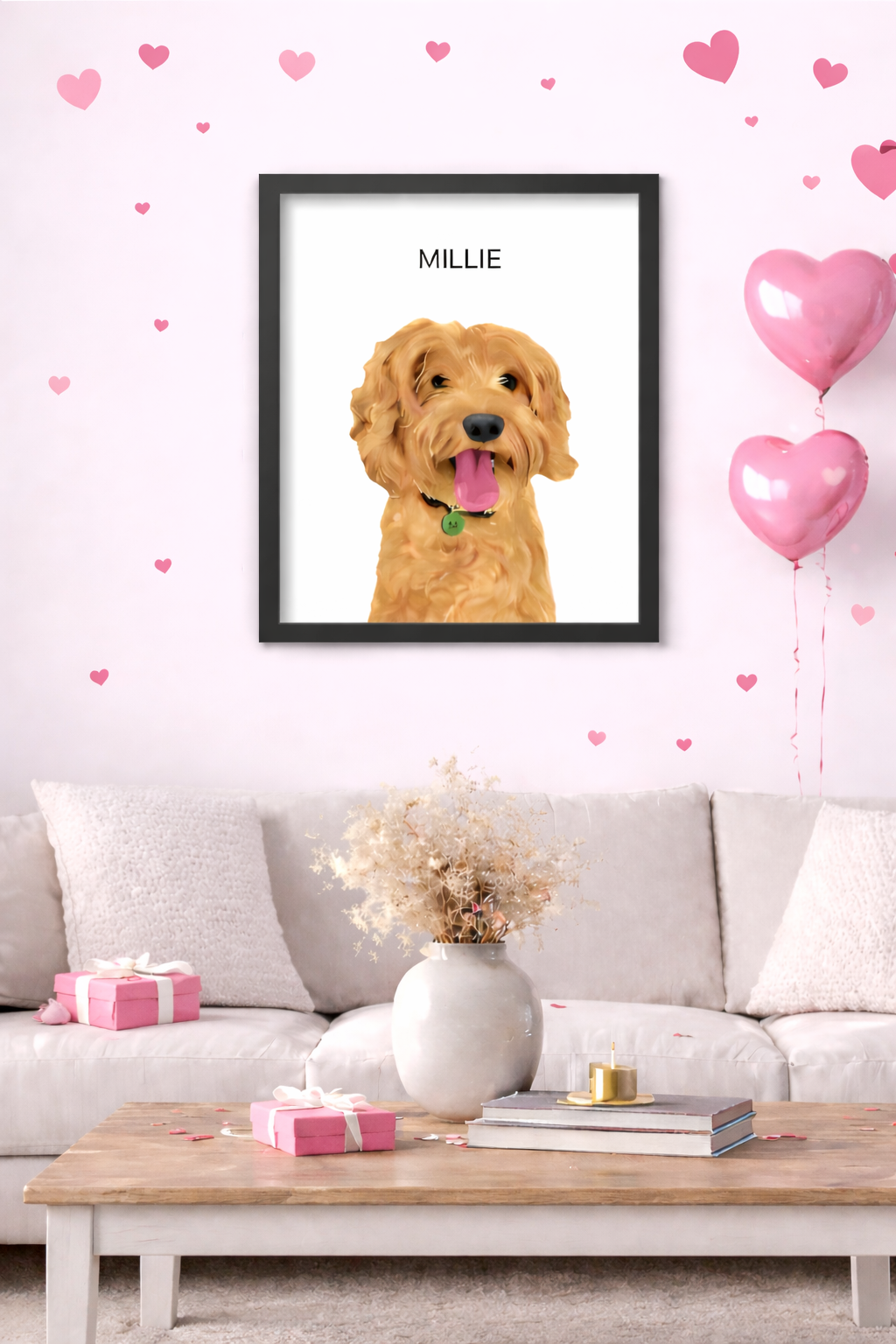 Custom framed pet portrait of a golden doodle dog in a Valentine’s Day living room with pink hearts, balloons and gift boxes