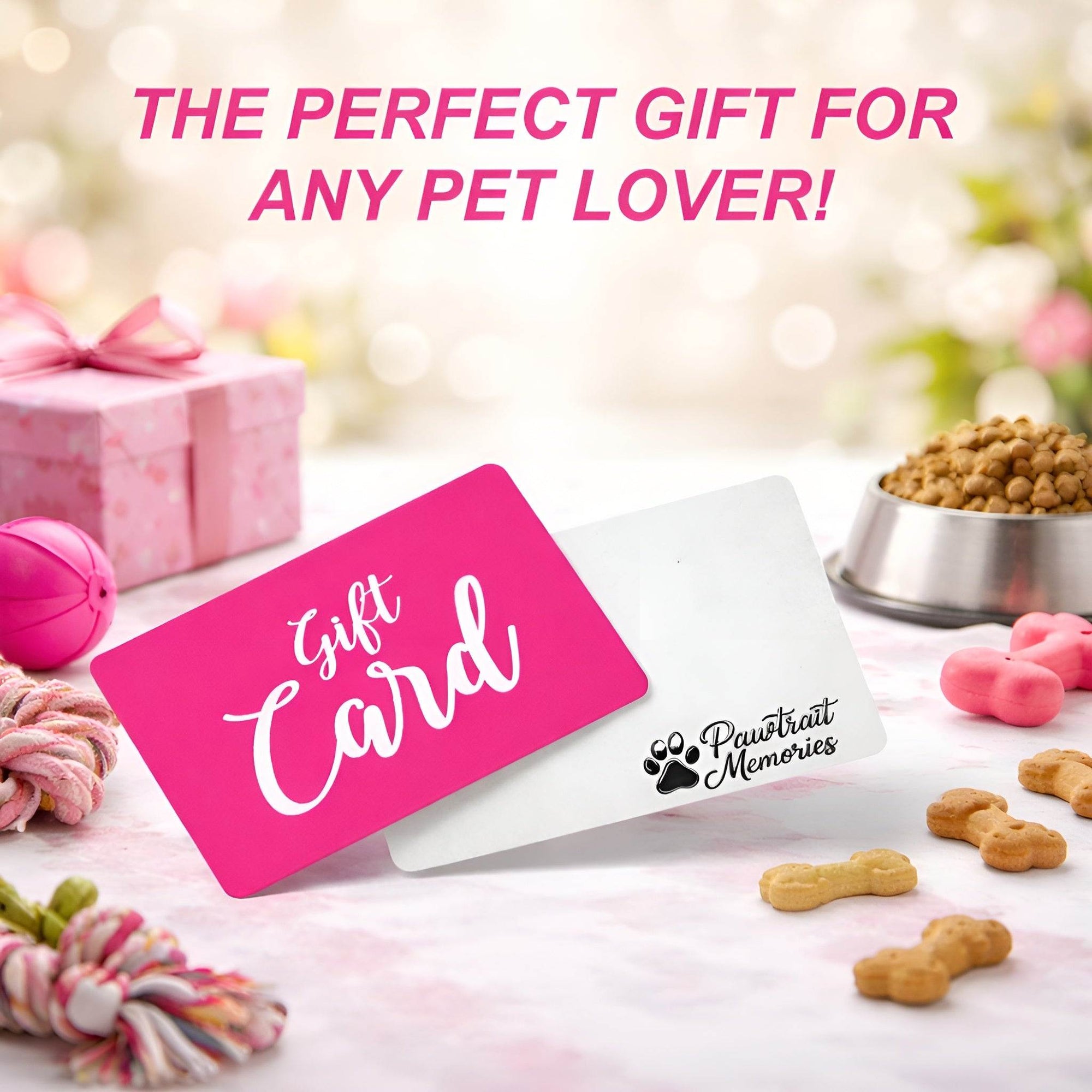 Gift card with 'Pawprint Memories' logo on a table with pet toys and food. The perfect gift for any pet lover. Pet Portraits.